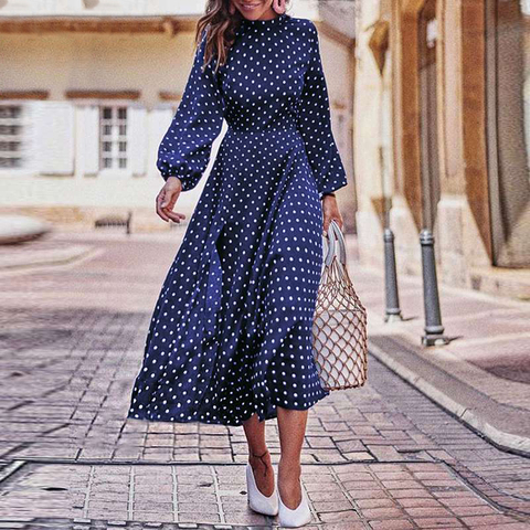 NEDEINS Women Boho Long Dress Blue Long Sleeve Elegant Dress Autumn Plus Size Dresses Polka Dot Print Elegant Dress ► Photo 1/5