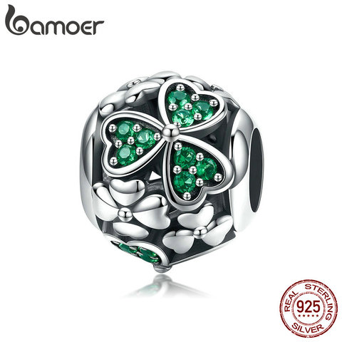 BAMOER Authentic 925 Sterling Silver Shamrock Flower Green Crystal Beads Charm fit Charm Bracelet Necklace Jewelry Making SCC964 ► Photo 1/6