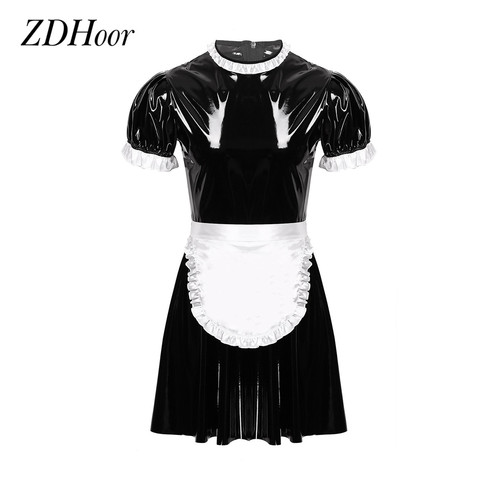 Mens Sissy Maid Cosplay Costume Set Short Puff Sleeve Patent Leather Maid Servant Uniform Flared Dress Clubwear with Apron ► Photo 1/6