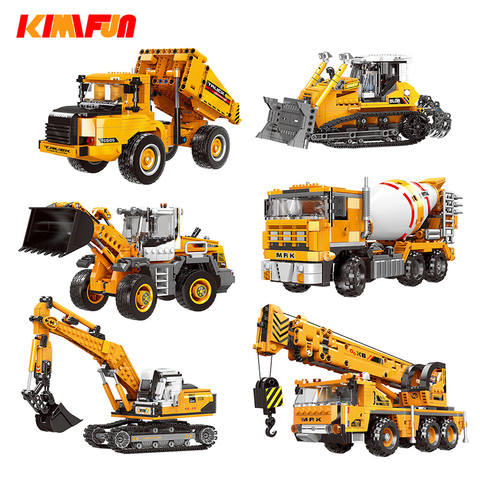 Engineering Bulldozer Crane Working Technic Cement Mixer Truck Car Building Block City Construction Toy Compatible Block ► Photo 1/6