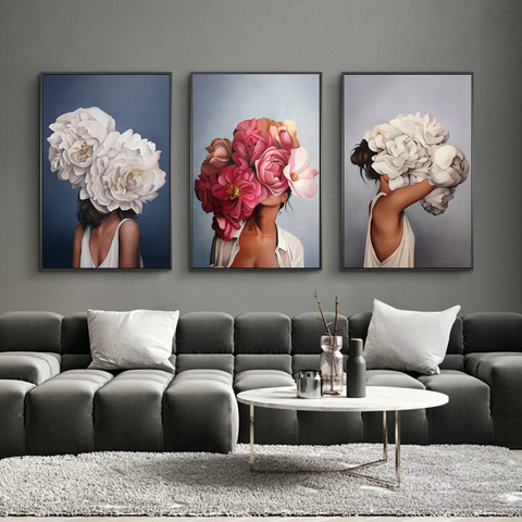 Nordic Flowers Head Woman Canvas Paintings On the Wall Art Posters And Prints Feather Girls Wall Pictures Home Decoration Cuadro ► Photo 1/6