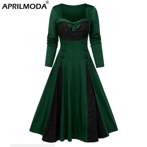 Gothic Black Retro Vintage Runway Midi Dresses Long Sleeve Winter Cotton Pin Up Rockabilly Swing Women's Clothing ► Photo 1/6