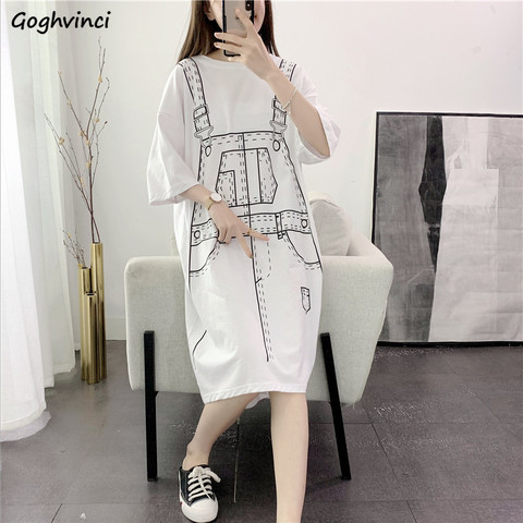 Dress Women Summer Half-sleeve Printed Mid-calf Preppy Style Harajuku Loose H-line Fake-two Pieces Korean-style Simple Casual ► Photo 1/6