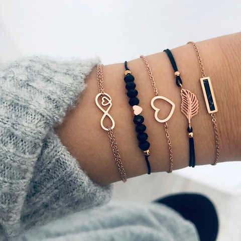 6 pcs/set Love Heart Infinity Symbol Charm Bracelets for Woman Gold Link Chain Bracelets Hollow Feather Black Beads Braclet Girl ► Photo 1/6