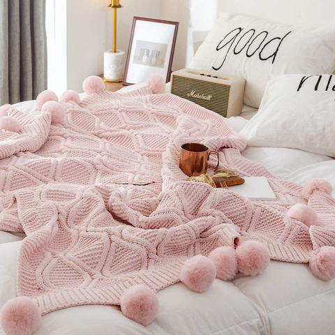 REGINA Chenille Plaid Winter Throw Blanket Pink Ivory Gray Pompom Knitted Gift Bedspread Super Soft Bed Sofa Chunky Knit Blanket ► Photo 1/6