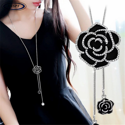 BYSPT Zircon Black Rose Flower Long Necklace Sweater Chain Fashion Metal Chain Crystal Flower Pendant Necklaces Adjusted ► Photo 1/6