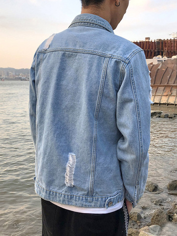 Fashion Bomber Hole Thin Ripped Hole Denim Jacket  Spring Autumn Male Cowboy Jeans Jackets Coat Mens Denim Jacket Mens Trendy ► Photo 1/3