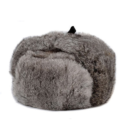 Rabbit Fur Cap Man Winter Genuine 100% Fur Bomber Hat Windproof Warm Earmuffs Male Flat Grey/Black Russian Hat Fitted Casquette ► Photo 1/6
