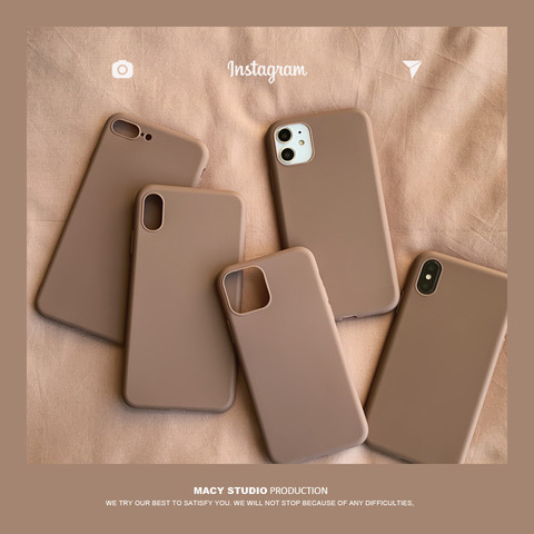 Retro brown Solid color Simple Korean Couple Phone Case Silicone Cover For coque iPhone 12 mini 11 Pro Xs Max 7 8 Puls X XR case ► Photo 1/5