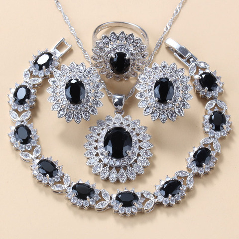 925 Silver Fashion Jewelry Sets Womens Sccessories Black Cubic Zirconia Sunflower Clip Earrings Necklace Bracelet And Ring Sets ► Photo 1/6