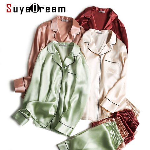 SuyaDream Women Silk Pajamas Solid 100%Real Silk Long sleeves Sleepset Set 2022 Turn Down Collar Print Two-piece Nightwear ► Photo 1/6