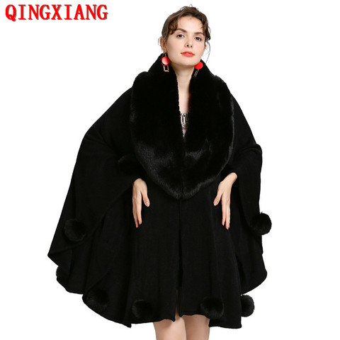 Womens Black Big Pendulum Capes Poncho 2022 Winter Fur Ball Shawl Oversized Knitted Sweater Big Faux Fox Fur Neck Cardigan Coat ► Photo 1/6