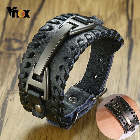 Vnox Wide Leather Wristband for Men Stylish Genuine Leather Bangle with Metal Charm Bracelets Punk Male Pulseira ► Photo 1/6