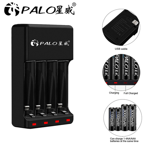 PALO 4 Slots 1.2VAAA AA Rechargeable Battery Chargers LED Light Smart battery Charger NI-MH NI-CD aa aaa Chargers with USB cable ► Photo 1/6