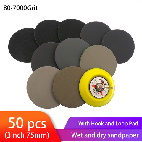 50pcs Wet Dry Sandpaper Assortment 80-7000 Grit Sander Disc 3inch75mm With Hook and Loop Sanding pad for Wood ► Photo 1/6