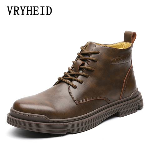 VRYHEID New Genuine Leather Boots Men Autumn Winter Vintage Motorcycle Boots Male Snow Ankle High Top Men's Boots Big Size 38-48 ► Photo 1/6