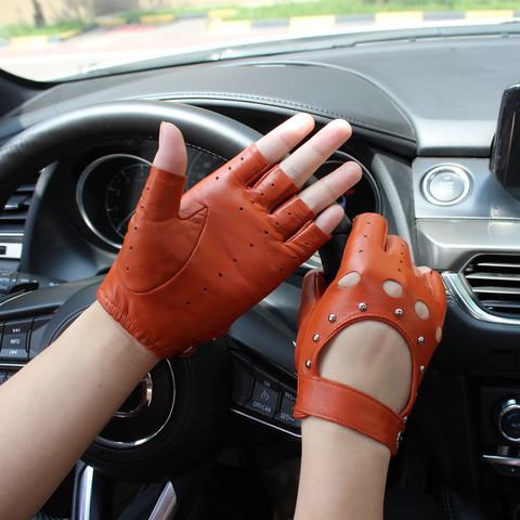 New Half Finger Women Leather Gloves Spring And Summer Thin Goatskin Mittens Hollow Short Sports Riding Driver Colour Gloves ► Photo 1/6