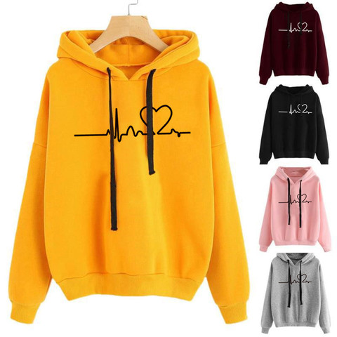 New Women Sweatshirt Hoody Ladies Hooded Heartbeat Printed Casual Pullovers Girls Long Sleeve Autumn Winter Clothes Plus Size ► Photo 1/6