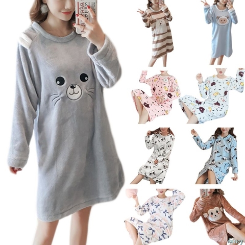 Womens Winter Thicken Flannel Long Sleeve Nightgown Cute Cartoon Animal Bear Printed Sleepwear Sweet Student Loose Knee Length ► Photo 1/6