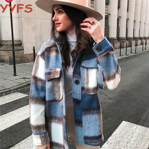 Autumn Winter Plaid Jacket Wool Blend Coat Fashion button Long Sleeve Coat Casual Office Warm Overshirt Ladies Jackets Chic Tops ► Photo 1/6
