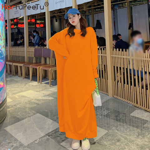 2022 Autumn Maxi Dress Women Plus Size Irregular Batwing Long Sleeve Loose Casual Dresses Orange Yellow Wrinkle Design Koreant ► Photo 1/6