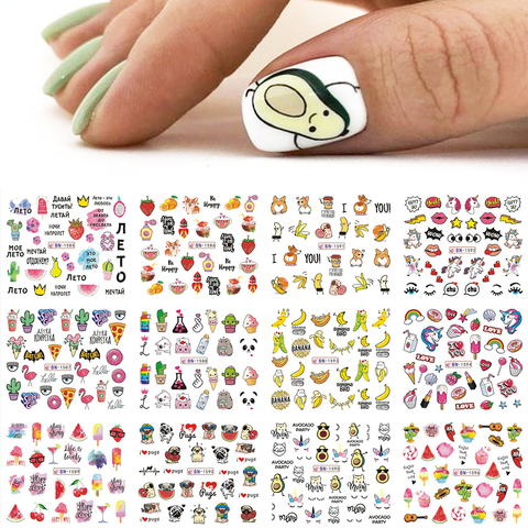 12pcs Avocado Nail Stickers Cute Cartoon Transfer Sliders For Nails Dog Cat Water Decals Anime Tatto For Manicure GLBN1585-1596 ► Photo 1/6