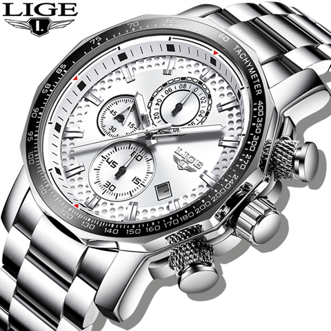 LIGE Silver Big Dial Watch Men Sport Quartz Clock Fashion Men Watches Top Brand Luxury Man Military Waterproof Chronograph 2022 ► Photo 1/6