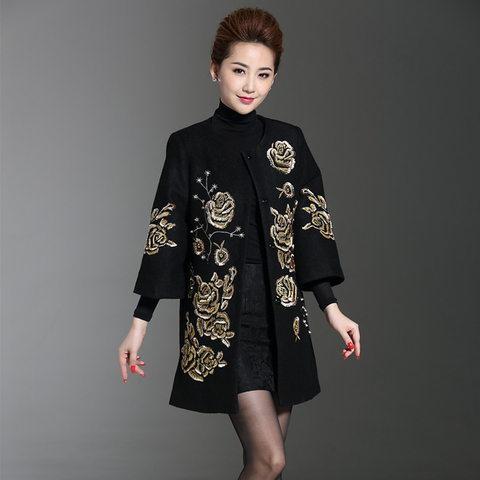S to 7XL Women Embroidered Wool Coat For Autumn Winter Woolen Red Black Plus Size Chinesse Jacquard Trench Mother Coat For Mom ► Photo 1/6