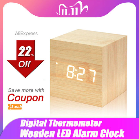 Digital Thermometer Wooden, Alarm Clock Backlight