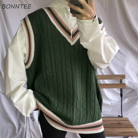 Sweater Vest Men Patchwork V-neck Colorful Shrug Chic Sleeveless Knitted Tops Mens Waistcoats Loose Oversize Harajuku All-match ► Photo 1/6