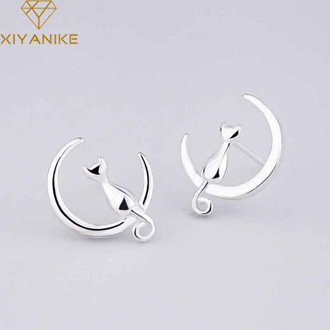 XIYANIKE 925 Sterling Silver New Fashion Cat On The Moon Design Stud Earrings For Women Handmade Simple Korean Style Ear Jewelry ► Photo 1/5