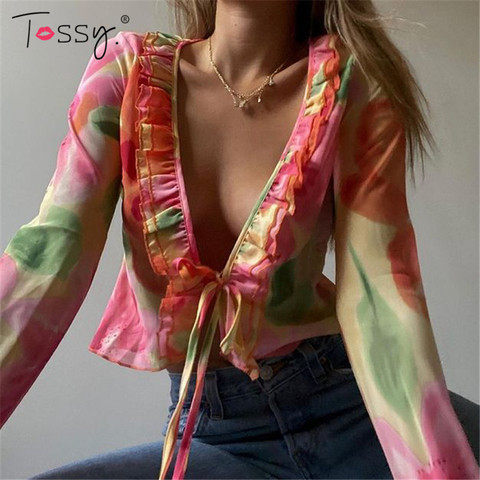Tossy Fashion Boho Ruffle Blouse See-Through Lace V-Neck Tops For Women Long Sleeve Summer Shirt Party Beach Cropped Top 2022 ► Photo 1/6