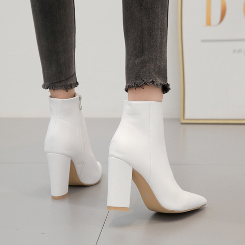 Fashion Women Ankle Boots Chelsea Boots White Shoes Autumn Winter Ladies Pointed Toe Side Zipper Sexy Chunky High Heels Booties ► Photo 1/6