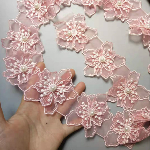 10pcs/lot Pink Pearl Flower Organza Embroidery Fabric Lace Patch Trim Clothes 3D Beading Flower Wedding Dress DIY Applique 8cm ► Photo 1/6