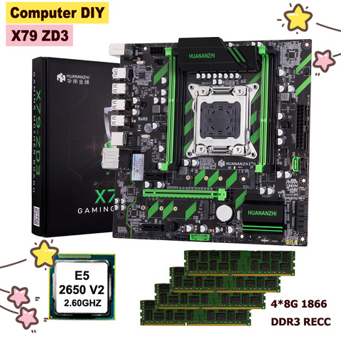 HUANANZHI X79-ZD3 LGA2011 motherboard bundle on sale dual M.2 SSD slots NVMe/NGFF CPU Xeon E5 2650 V2 RAM 32G(4*8G) 1866 REG ECC ► Photo 1/6