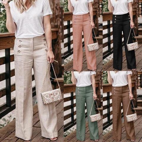 Pants Women Wide Leg Pants Solid Color Buttons High Waist Wide Leg Pants Women Cotton Linen Long Trousers Loose Pants All-match ► Photo 1/6