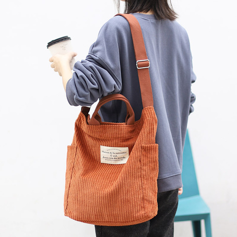 Women Corduroy Shoulder Bag Stripes Canvas Handbag Casual Tote Crossbody Bag Zipper Messenger Bags Ladies' Long Strap Soft Purse ► Photo 1/6