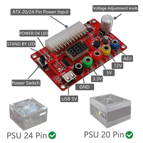 New Version 24 Pins ATX Power Supply Breakout Board and Acrylic Case Kit with ADJ Adjustable Voltage Knob Reset Protection ► Photo 1/5