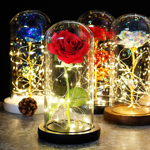 Eternal rose, preserved rose in glass dome, with light