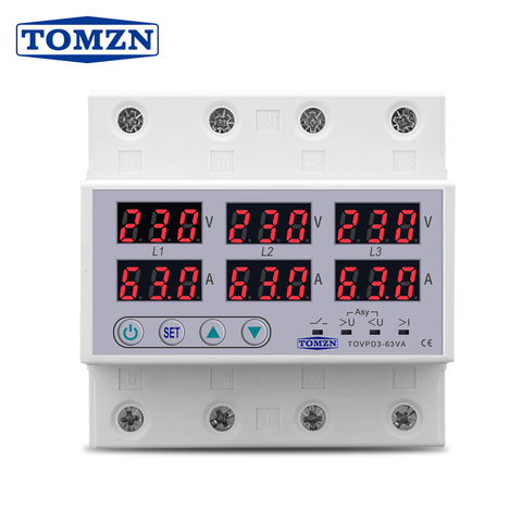 3 Phase 380V Din rail Voltmeter Ammeter adjustable Over and Under Voltage current limit protection Monitor Relays Protector ► Photo 1/6