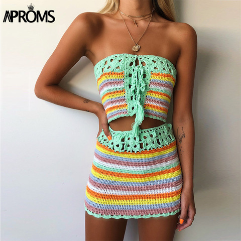 Aproms Colorful Striped Strapless Crochet Tube Crop Top and Skirt Summer Beach Women 2 Piece Set Dress Girls Bikini Beachwear ► Photo 1/6