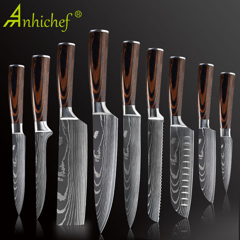 Kitchen knives Set Professional Chef Knives Stainless Steel Imitation Damascus Pattern Santoku Cleaver Slicing Utility Knives ► Photo 1/6