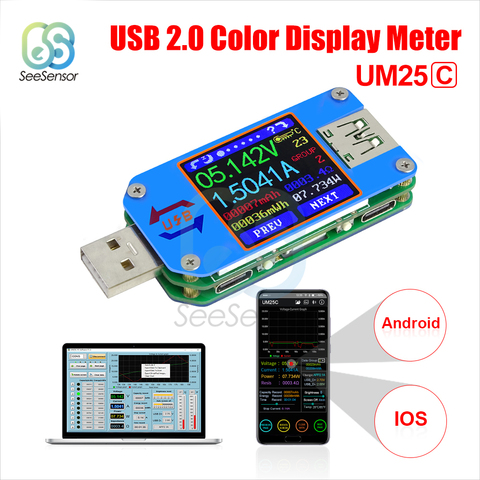 UM24 UM24C UM25 UM25C UM34 UM34C Voltage Current Meter USB 2.0 Micro USB Type-C LCD Voltmeter Ammeter Battery Charge USB Tester ► Photo 1/6