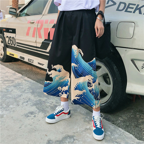 Unisex Man Woman Wide Leg Pants Japanese Style Harajuku Ukiyo Wave Print Casual Elastic Cartoon Leisure Loose Harem Trousers ► Photo 1/6