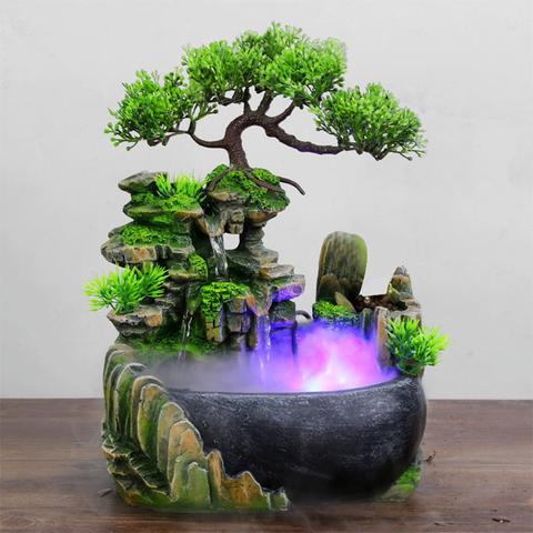 Creative Indoor Simulation Resin Rockery Fake Tree Feng Shui Waterfall Fountain Home Office Desktop Spray Humidifier Decoration ► Photo 1/6