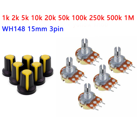 5pcs/lot WH148 Kit Carbon Film Potentiometer 15mm 3pin B1K 2K 5K 10K 20K 50K 100K 250K 500K 1M Rotary Switch Knob Cap yellow ► Photo 1/4