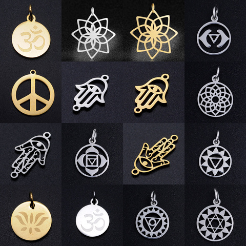 5pcs/lot 7 Chakra DIY Charms Wholesale 100% Stainless Steel Yoga Lotus Connectors Charm Hamsa Hand Om Jewelry Necklace Pendant ► Photo 1/6