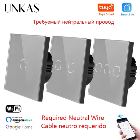 UNKAS EU Standard 1/2/3 Gang Tuya/Smart Life WiFi Wall Light Touch Switch for Google Home Wireless Touch Switch Neutral Wire ► Photo 1/6