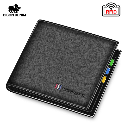 BISON DENIM 100% Cow Leather Wallet Men Bifold credit Card Holder Wallet RFID Blocking short Purse For Men Portemonnee Male N447 ► Photo 1/6