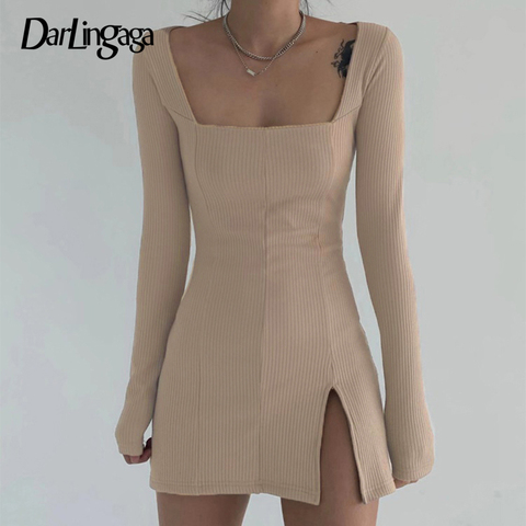 Darlingaga Elegant Square Neck Ribbed Black Dress Female Knitted Side Split Bodycon Dress Long Sleeve Fashion Mini Dresses Basic ► Photo 1/6